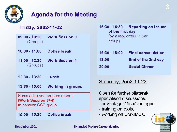 3 Agenda for the Meeting Friday, 2002 -11 -22 15: 30 - 16: 30