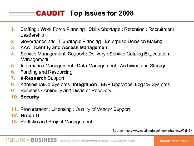 Top Issues for 2008 1. Staffing : Work Force Planning : Skills Shortage :