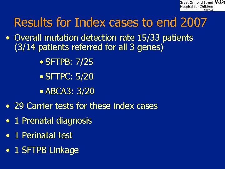 Results for Index cases to end 2007 • Overall mutation detection rate 15/33 patients