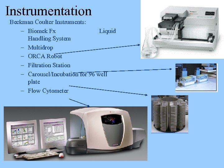 Instrumentation Beckman Coulter Instruments: – Biomek Fx Liquid Handling System – Multidrop – ORCA