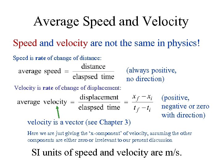 Average Speed and Velocity Speed and velocity are not the same in physics! Speed