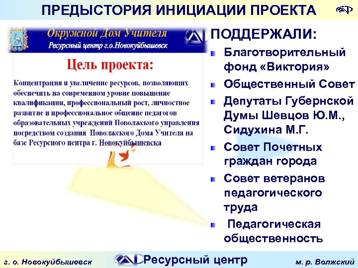 ПРЕДЫСТОРИЯ ИНИЦИАЦИИ ПРОЕКТА ПОДДЕРЖАЛИ: Благотворительный фонд «Виктория» Общественный Совет Депутаты Губернской Думы Шевцов Ю.