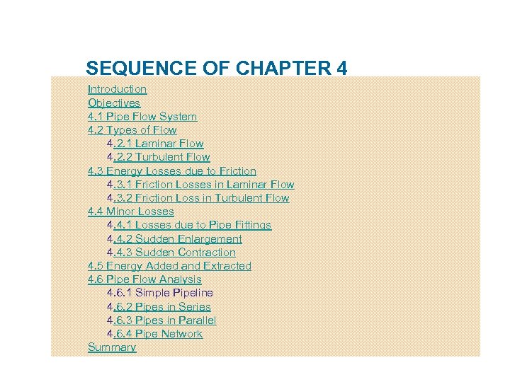 SEQUENCE OF CHAPTER 4 Introduction Objectives 4. 1 Pipe Flow System 4. 2 Types