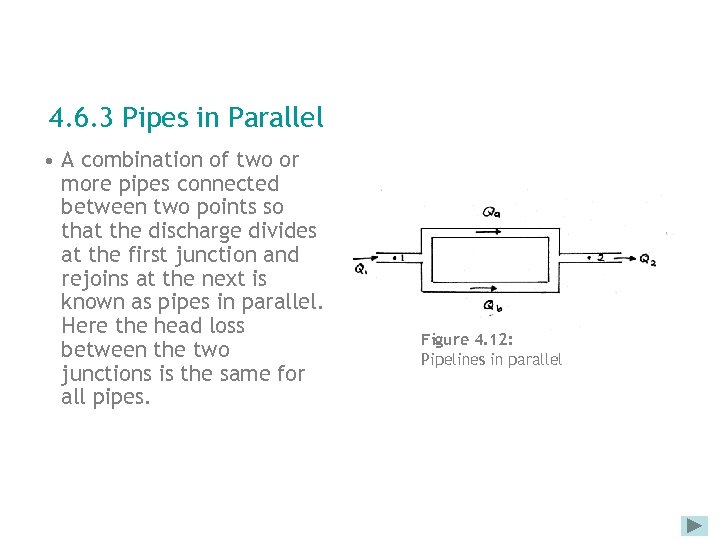 4. 6. 3 Pipes in Parallel • A combination of two or more pipes