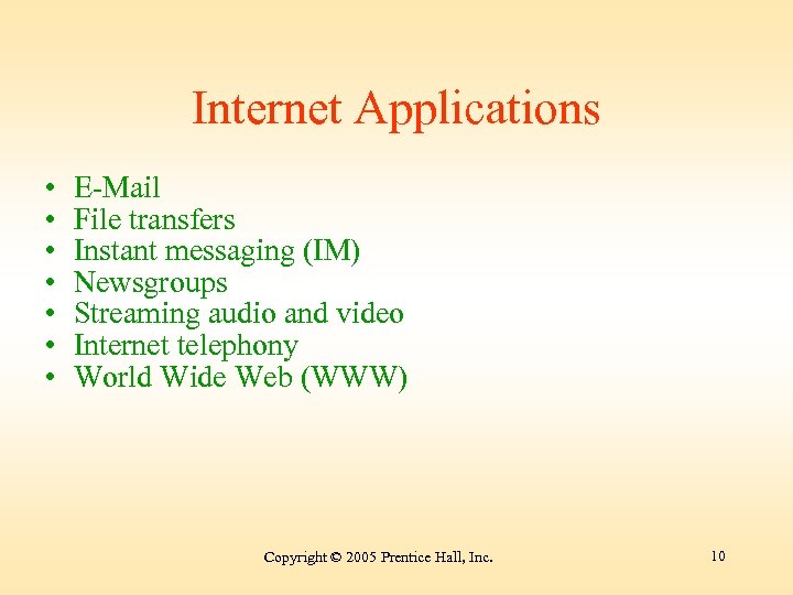 Internet Applications • • E-Mail File transfers Instant messaging (IM) Newsgroups Streaming audio and