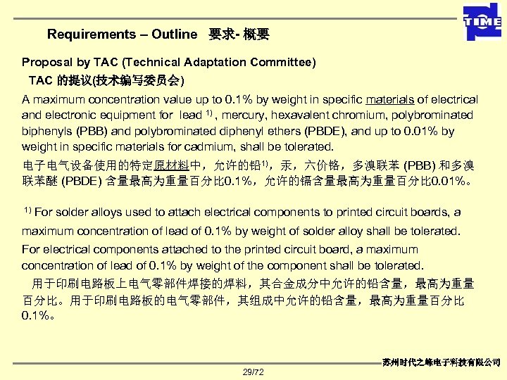 Requirements – Outline 要求- 概要 Proposal by TAC (Technical Adaptation Committee) TAC 的提议(技术编写委员会) A