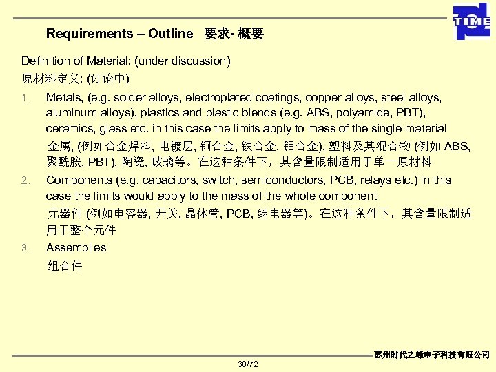 Requirements – Outline 要求- 概要 Definition of Material: (under discussion) 原材料定义: (讨论中) 1. Metals,
