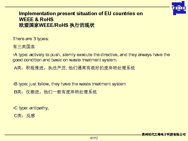 Implementation present situation of EU countries on WEEE & Ro. HS 欧盟国家WEEE/Ro. HS 执行的现状
