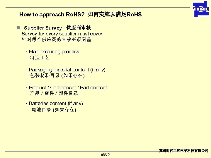 How to approach Ro. HS? 如何实施以满足Ro. HS n Supplier Survey 供应商审核 Survey for every