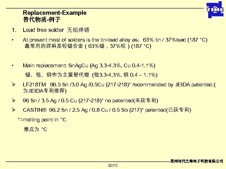 Replacement-Example 替代物质-例子 1. Lead free solder 无铅焊锡 • At present most of solders is