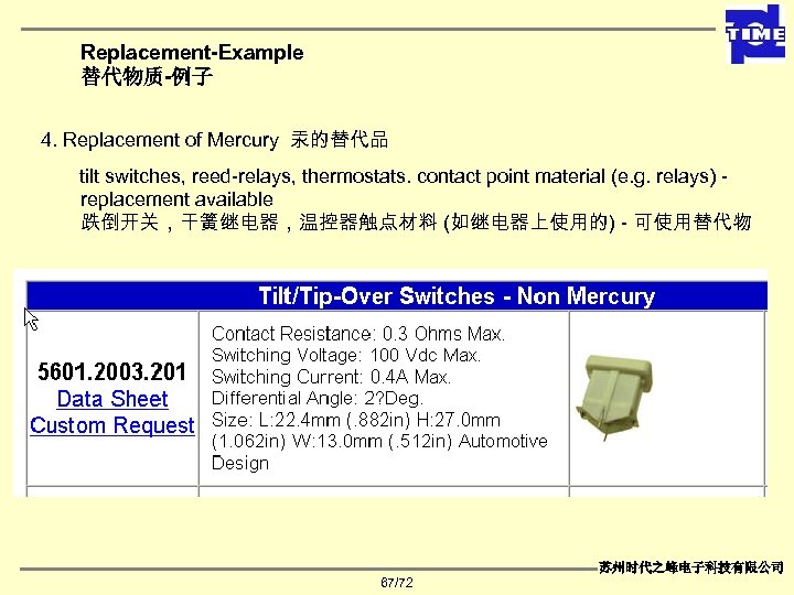 Replacement-Example 替代物质-例子 4. Replacement of Mercury 汞的替代品 tilt switches, reed-relays, thermostats. contact point material
