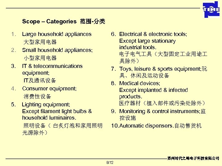Scope – Categories 范围-分类 1. Large household appliances 大型家用电器 2. Small household appliances; 小型家用电器