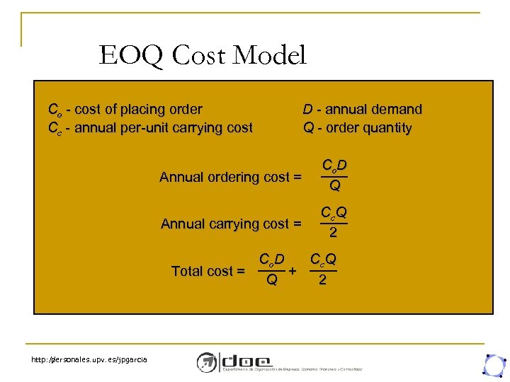 EOQ Cost Model Co - cost of placing order Cc - annual per-unit carrying