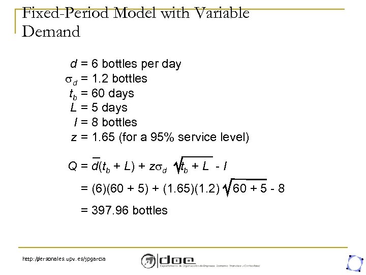 Fixed-Period Model with Variable Demand d d tb L I z = 6 bottles