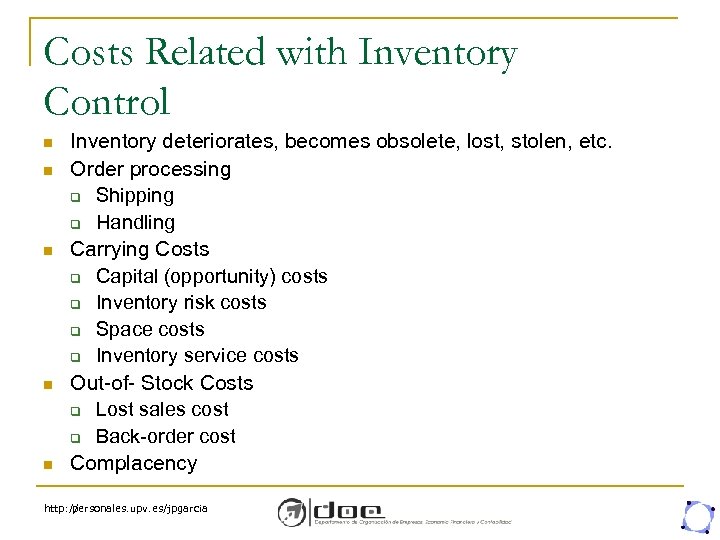 Costs Related with Inventory Control n n n Inventory deteriorates, becomes obsolete, lost, stolen,