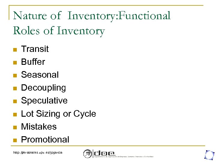 Nature of Inventory: Functional Roles of Inventory n n n n Transit Buffer Seasonal