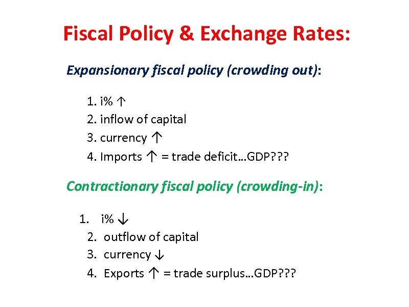 Fiscal Policy & Exchange Rates: Expansionary fiscal policy (crowding out): 1. i% ↑ 2.