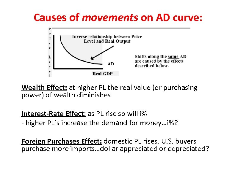 Causes of movements on AD curve: Wealth Effect: at higher PL the real value