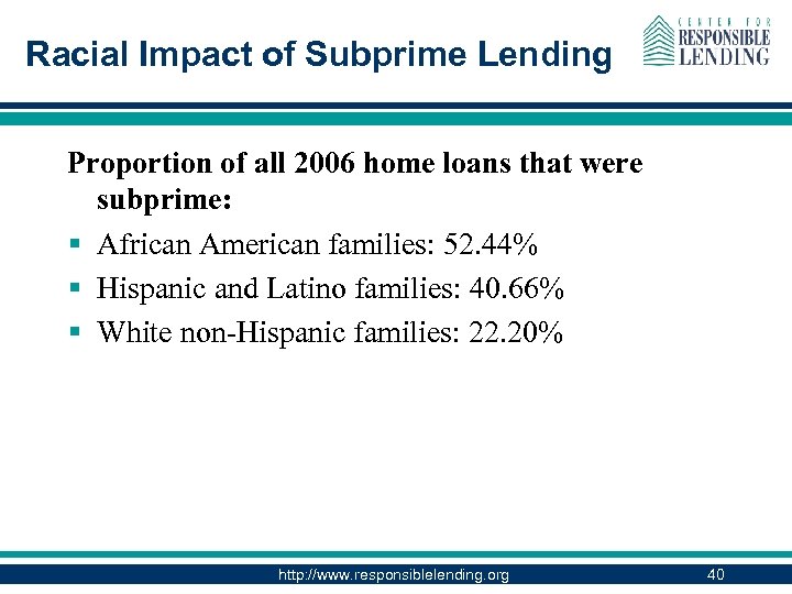 Racial Impact of Subprime Lending Proportion of all 2006 home loans that were subprime: