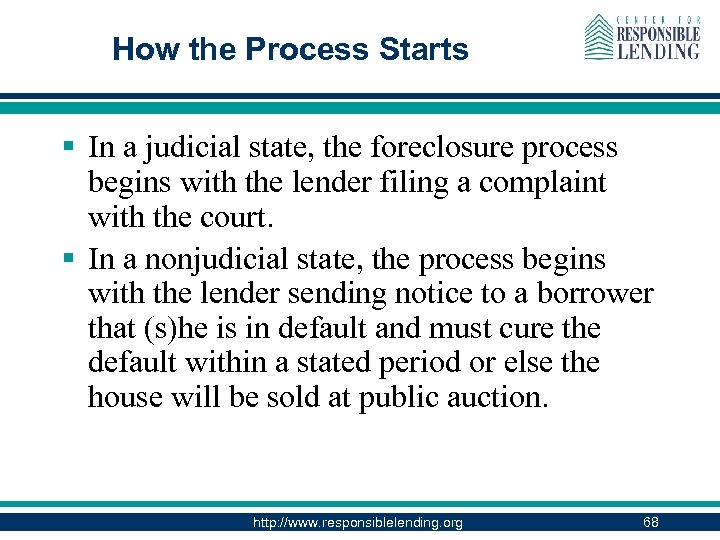 How the Process Starts § In a judicial state, the foreclosure process begins with