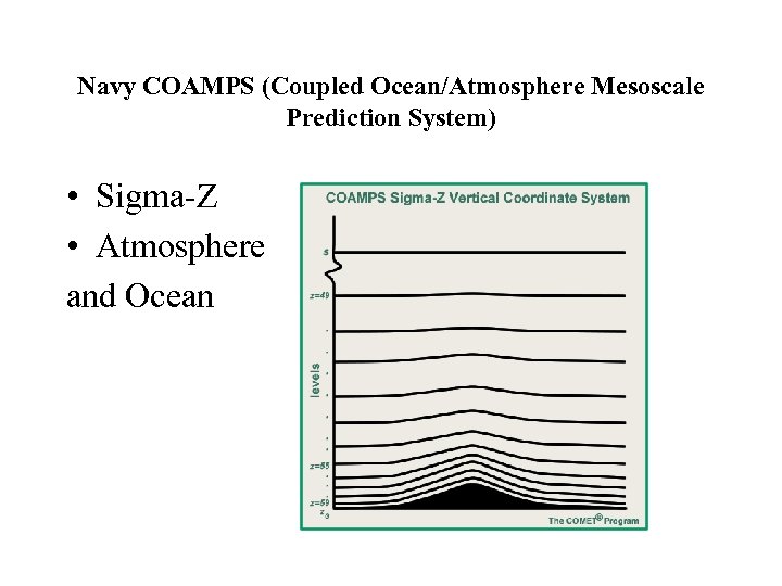 Navy COAMPS (Coupled Ocean/Atmosphere Mesoscale Prediction System) • Sigma-Z • Atmosphere and Ocean 