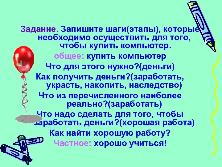 Задание. Запишите шаги(этапы), которые необходимо осуществить для того, чтобы купить компьютер. общее: купить компьютер