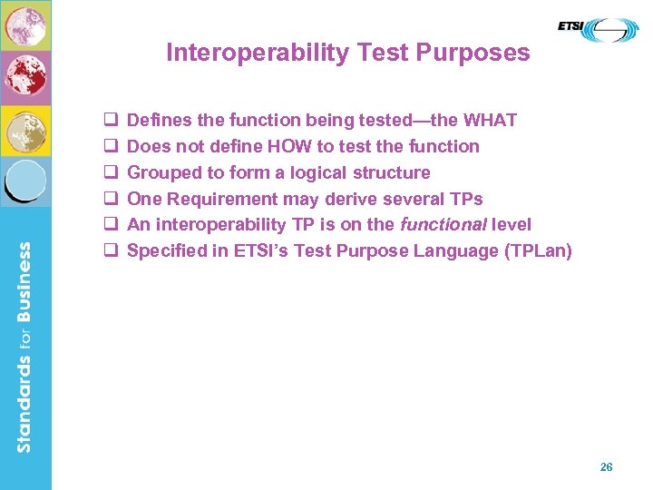 Interoperability Test Purposes q q q Defines the function being tested—the WHAT Does not