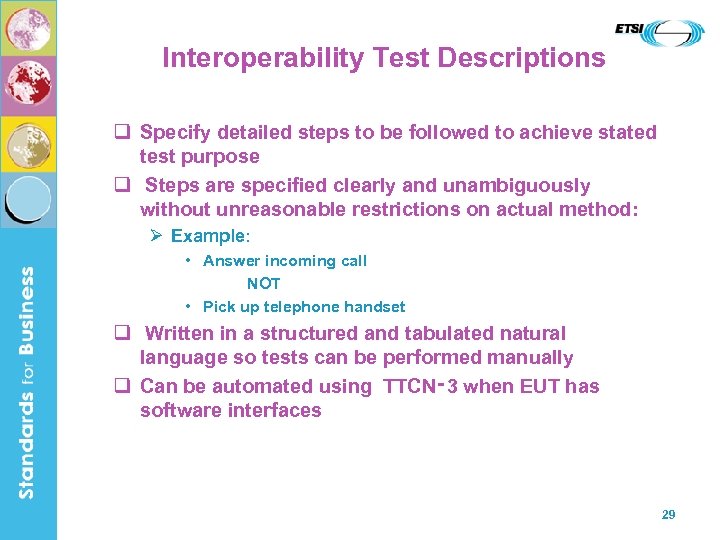 Interoperability Test Descriptions q Specify detailed steps to be followed to achieve stated test