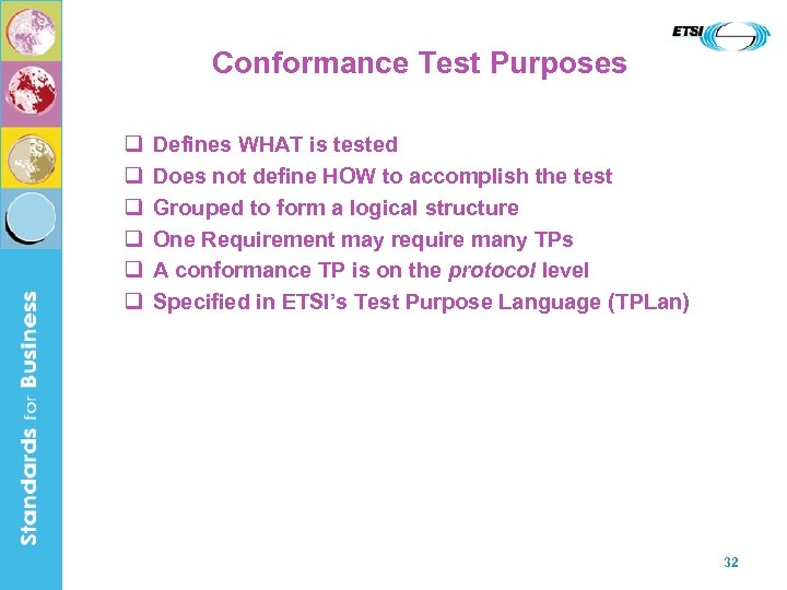 Conformance Test Purposes q q q Defines WHAT is tested Does not define HOW