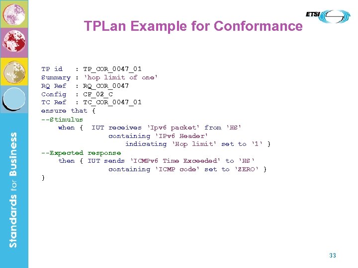 TPLan Example for Conformance TP id : TP_COR_0047_01 Summary : ‘hop limit of one'