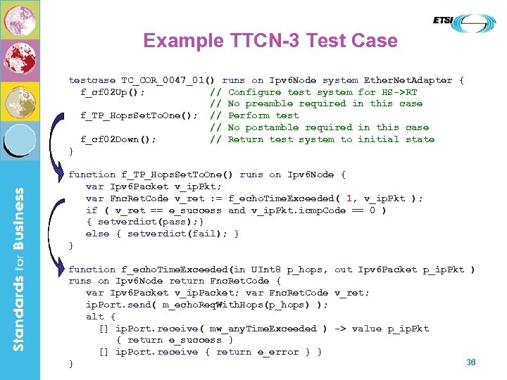Example TTCN-3 Test Case testcase TC_COR_0047_01() runs on Ipv 6 Node system Ether. Net.