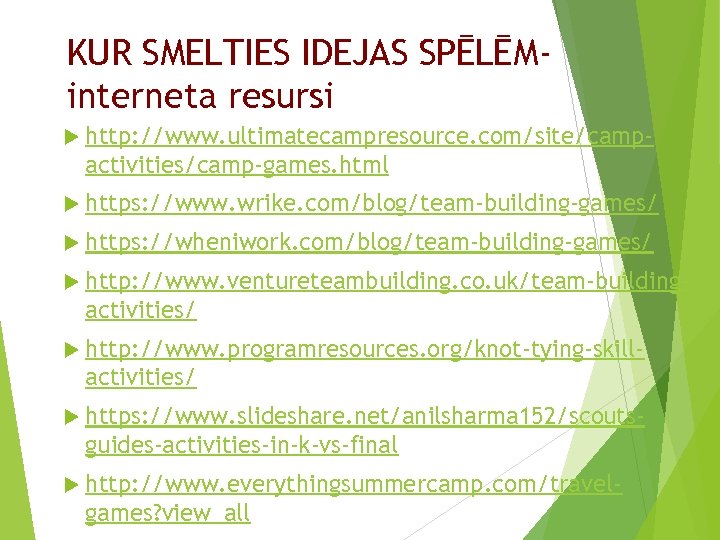 KUR SMELTIES IDEJAS SPĒLĒMinterneta resursi http: //www. ultimatecampresource. com/site/camp- activities/camp-games. html https: //www. wrike.