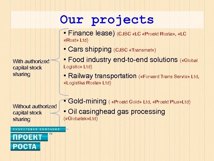 Our projects • Finance lease) (CJSC «LC «Proekt Rosta» , «LC «Rost» Ltd) With
