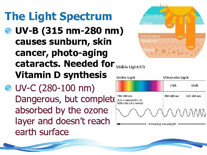 The Light Spectrum UV-B (315 nm-280 nm) causes sunburn, skin cancer, photo-aging cataracts. Needed