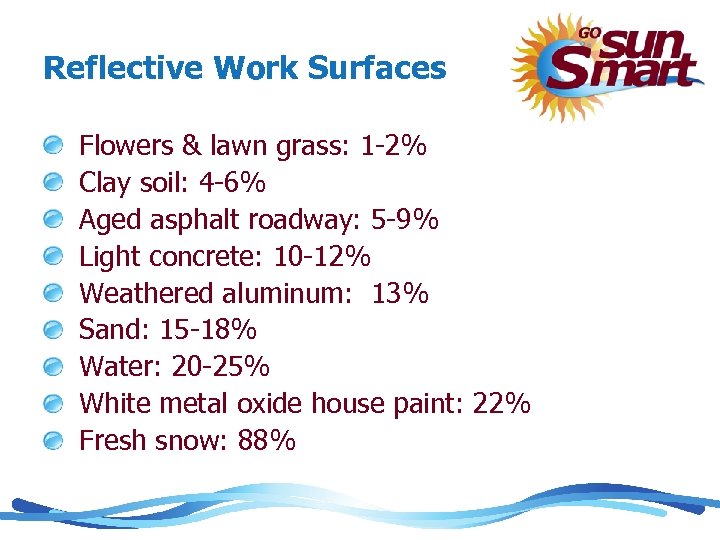 Reflective Work Surfaces Flowers & lawn grass: 1 -2% Clay soil: 4 -6% Aged