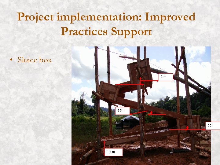 Project implementation: Improved Practices Support • Sluice box 14° 12° 10° 0. 5 m