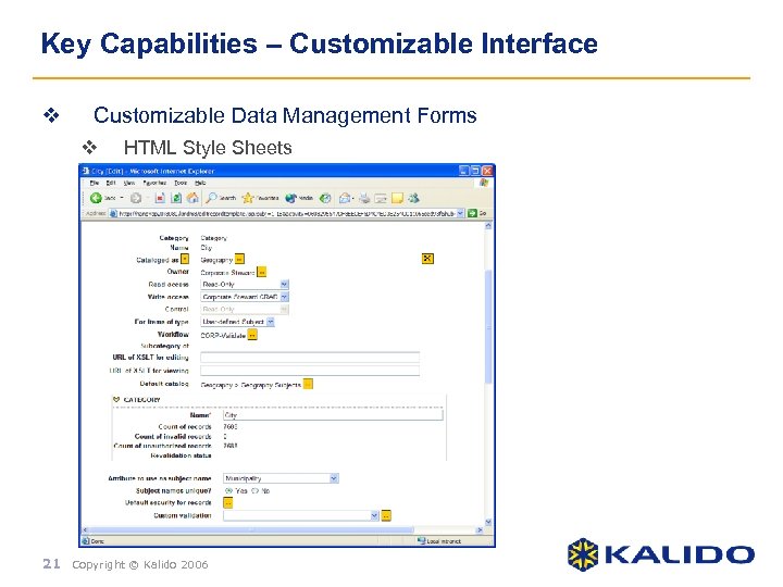 Key Capabilities – Customizable Interface v Customizable Data Management Forms v HTML Style Sheets