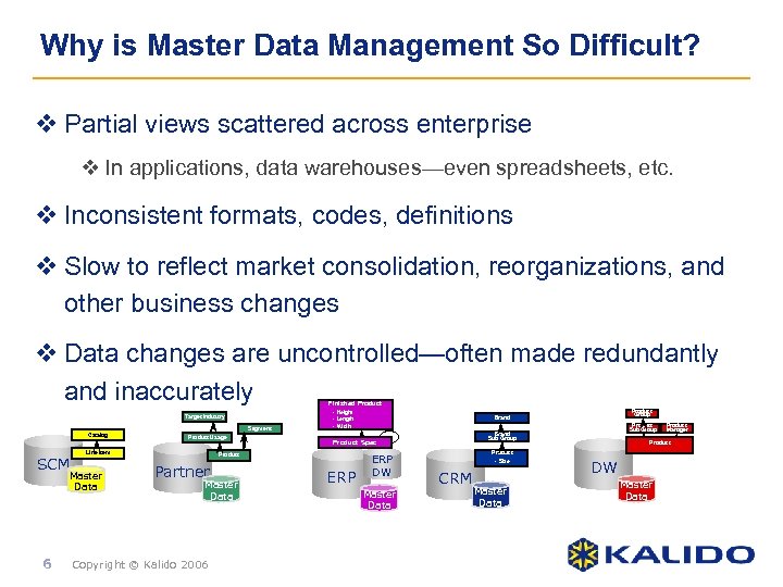 Why is Master Data Management So Difficult? v Partial views scattered across enterprise v