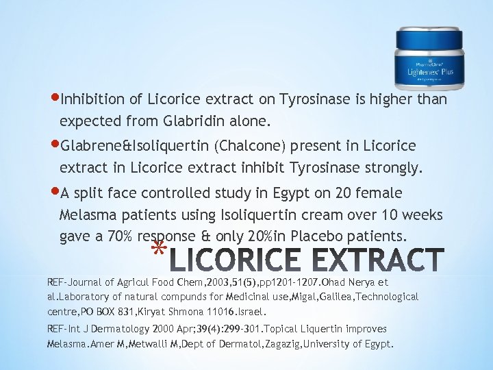  Inhibition of Licorice extract on Tyrosinase is higher than expected from Glabridin alone.