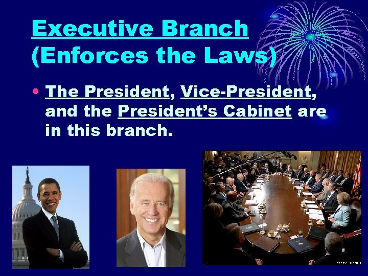 Executive Branch (Enforces the Laws) • The President, Vice-President, and the President’s Cabinet are