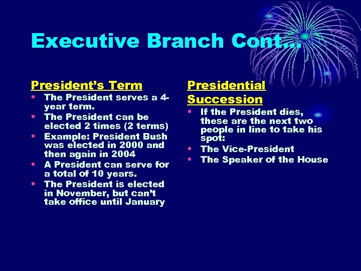 Executive Branch Cont… President’s Term • The President serves a 4 year term. •