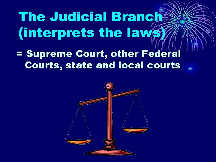 The Judicial Branch (interprets the laws) = Supreme Court, other Federal Courts, state and