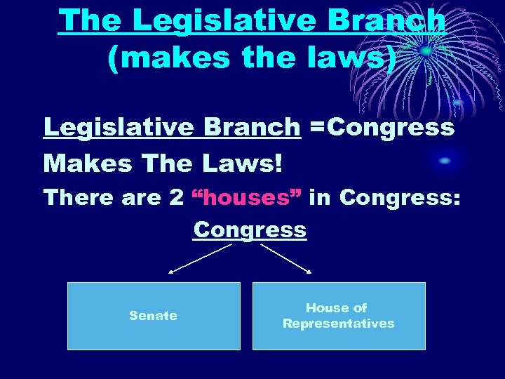 The Legislative Branch (makes the laws) Legislative Branch =Congress Makes The Laws! There are