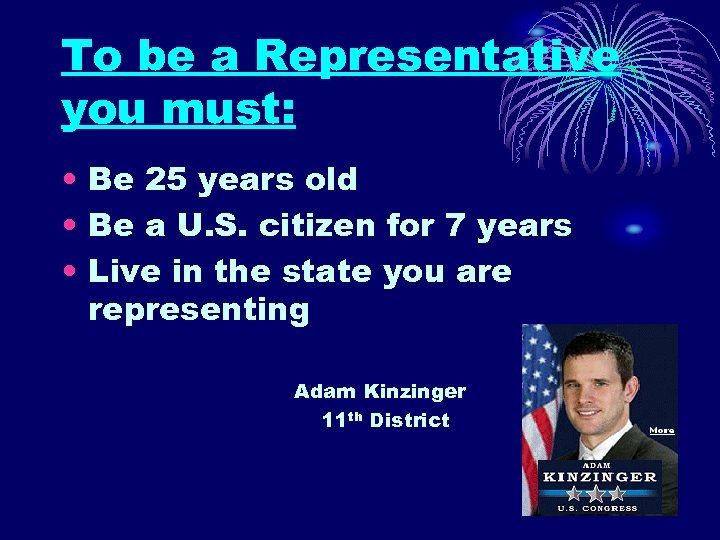 To be a Representative you must: • Be 25 years old • Be a