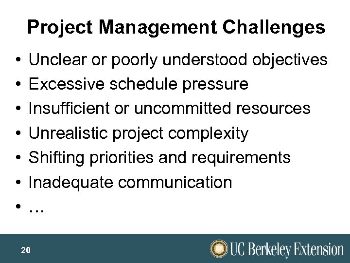 Project Management Challenges • • Unclear or poorly understood objectives Excessive schedule pressure Insufficient