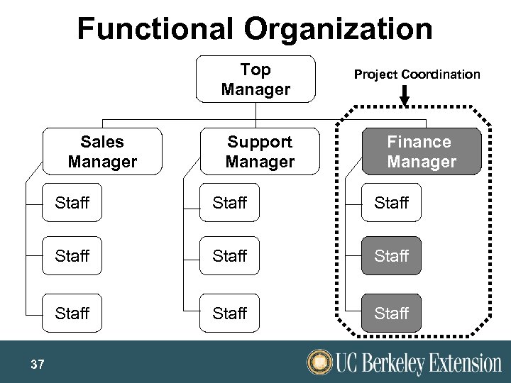 Functional Organization Top Manager Sales Manager Support Manager Project Coordination Finance Manager Staff Staff