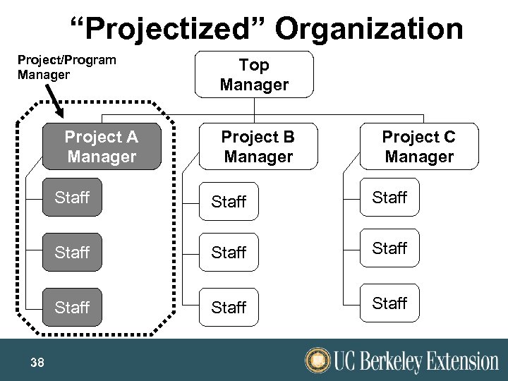 “Projectized” Organization Project/Program Manager Project A Manager Top Manager Project B Manager Project C