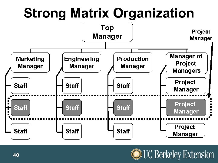 Strong Matrix Organization Top Manager Marketing Manager Project Manager of Project Managers Engineering Manager