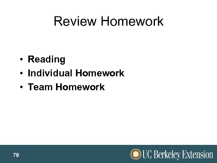 Review Homework • Reading • Individual Homework • Team Homework 70 