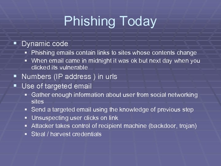 Phishing Today § Dynamic code § Phishing emails contain links to sites whose contents